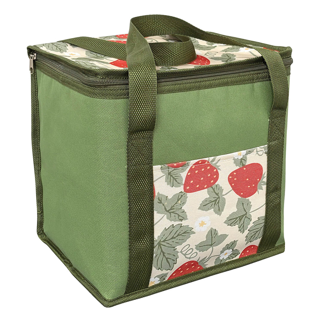 Green insulated cooler bag with strawberry pattern on a white background