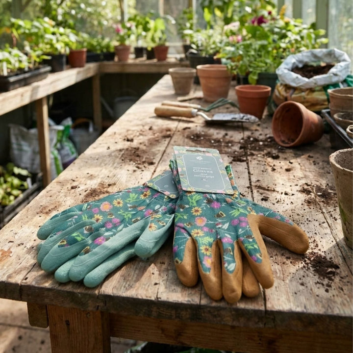 pair of 2 garden gloves with rubber grips on wooden bench in greenhouse setting
