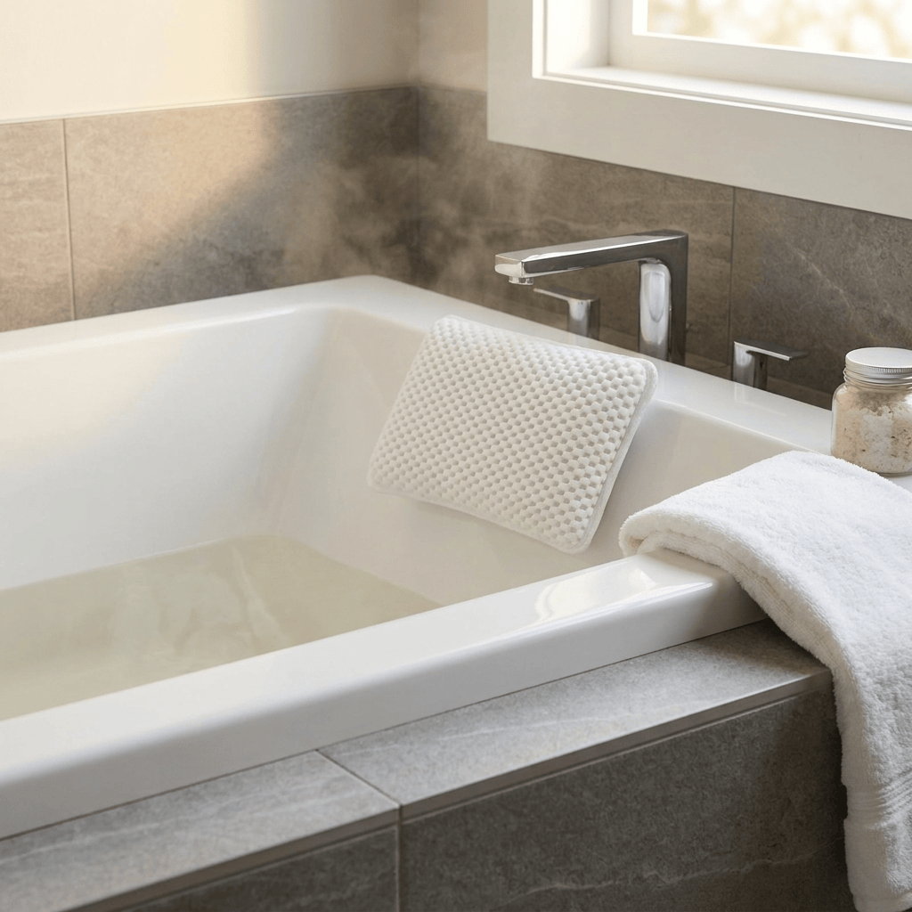 Steaming bathtub with a white pillow and towel in a bathroom setting