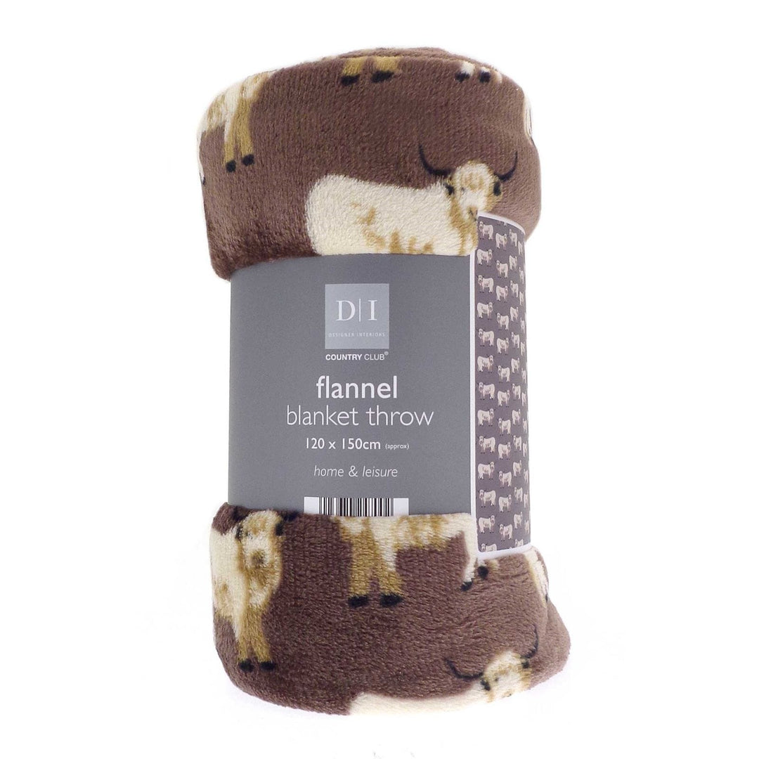 brown flannel blanket throw with highland cow pattern on white background with grey brand sleeve