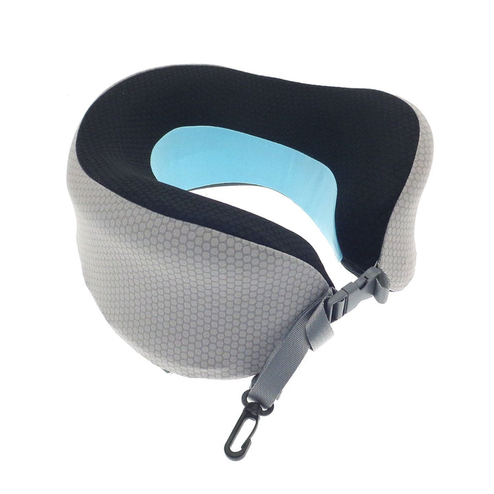 travel neck pillow with grey and black outer, blue colour cool fabric and adjustable clips to the front on white background