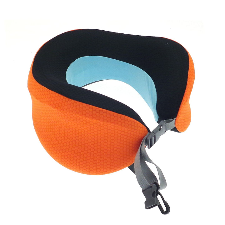 travel neck pillow with orange and black outer, blue colour cool fabric and adjustable clips to the front on white background