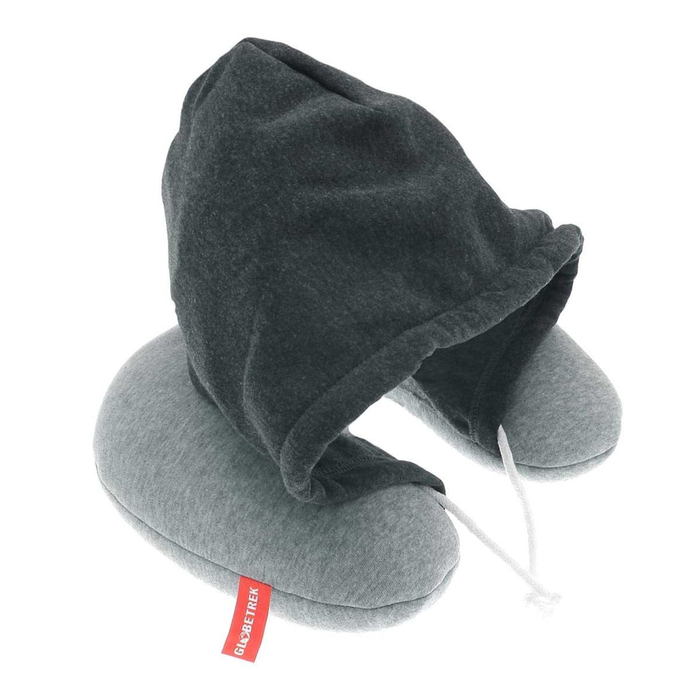 light grey neck pillow with dark grey coloured hood with drawstring opening on white background
