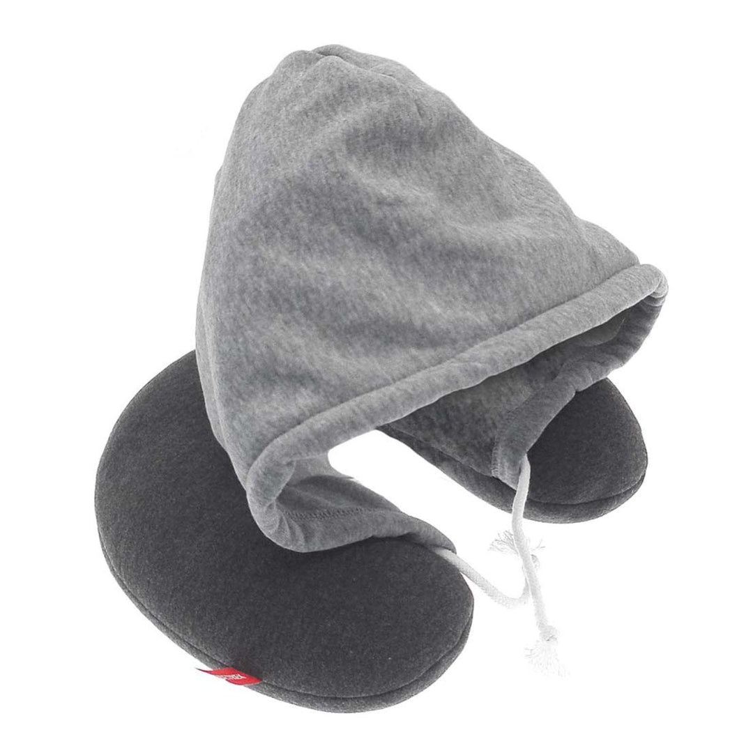 dark grey neck pillow with light grey coloured hood with drawstring opening on white background