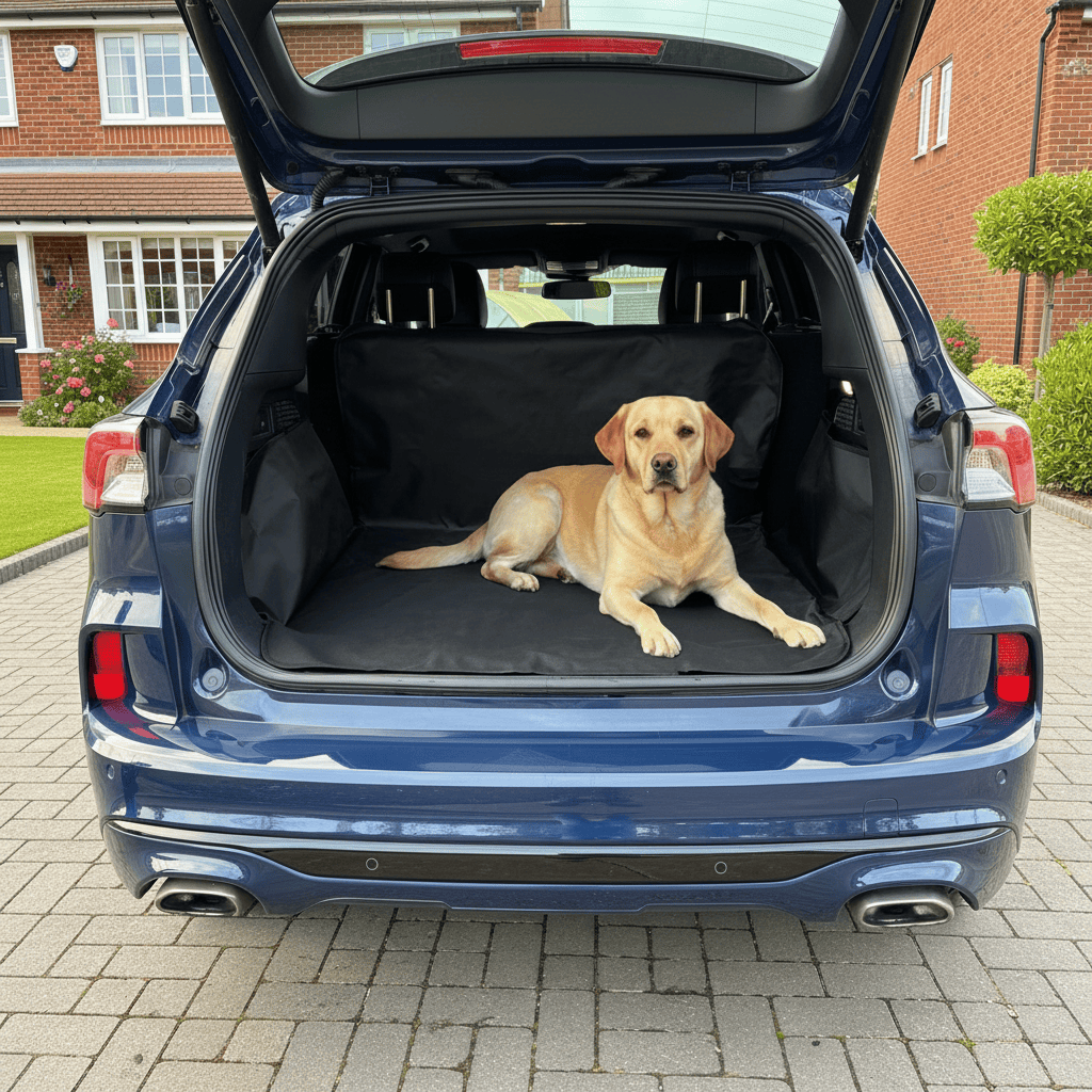 Dog lying on a black pet mat in the open trunk of a blue car with a house in the background.