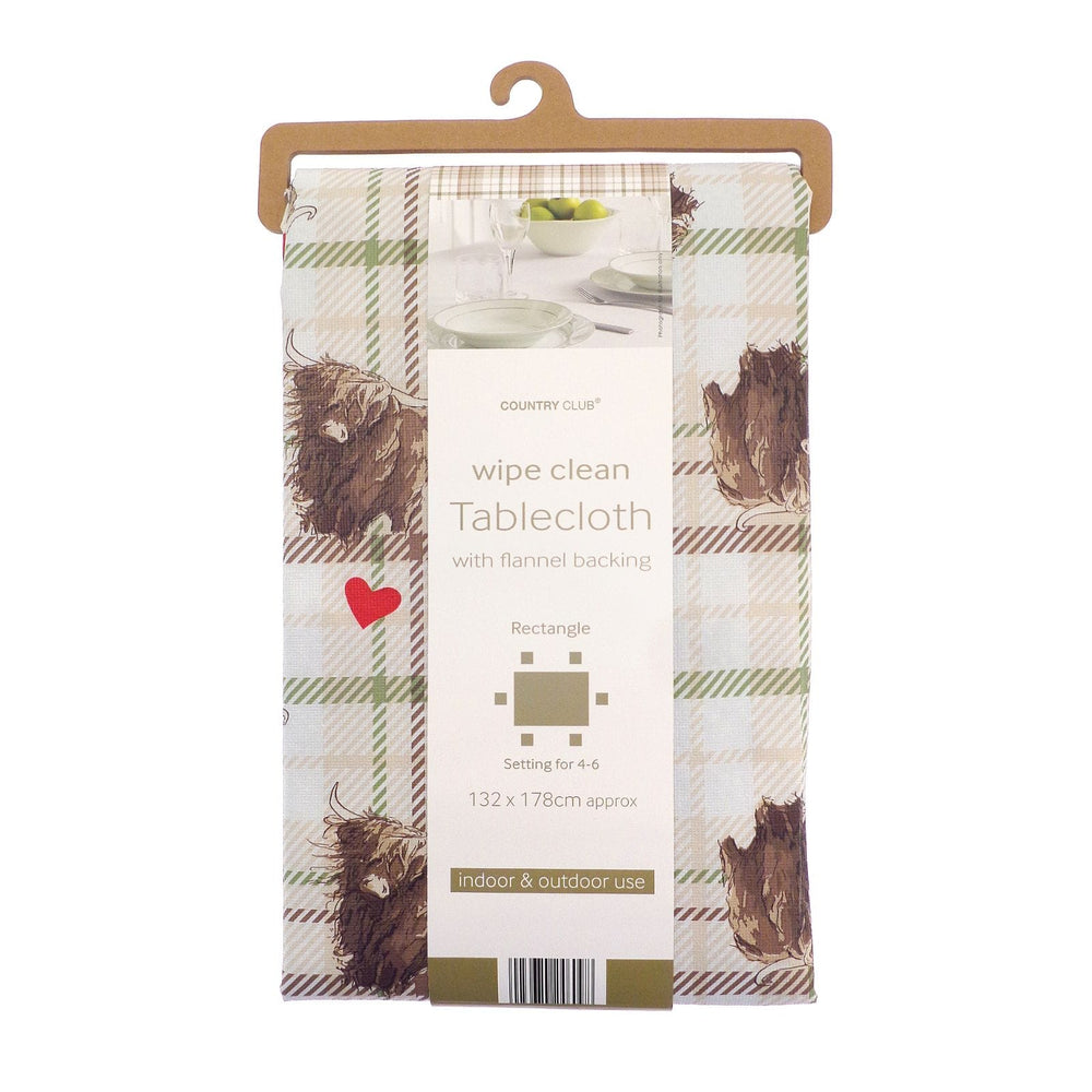 Packaged tablecloth with plaid design and 'wipe clean' label on a white background