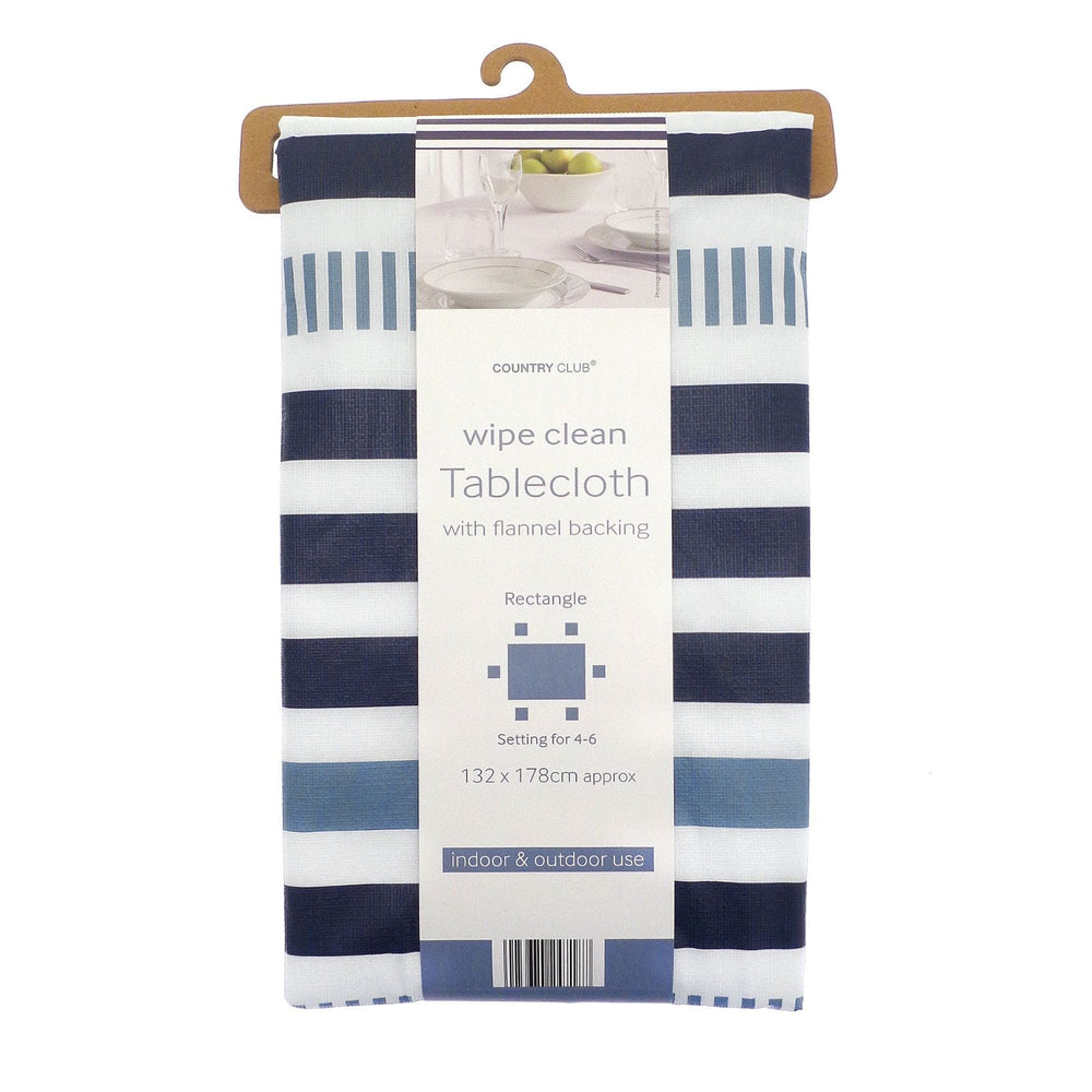 Packaged blue and white striped tablecloth with a hanger on a white background