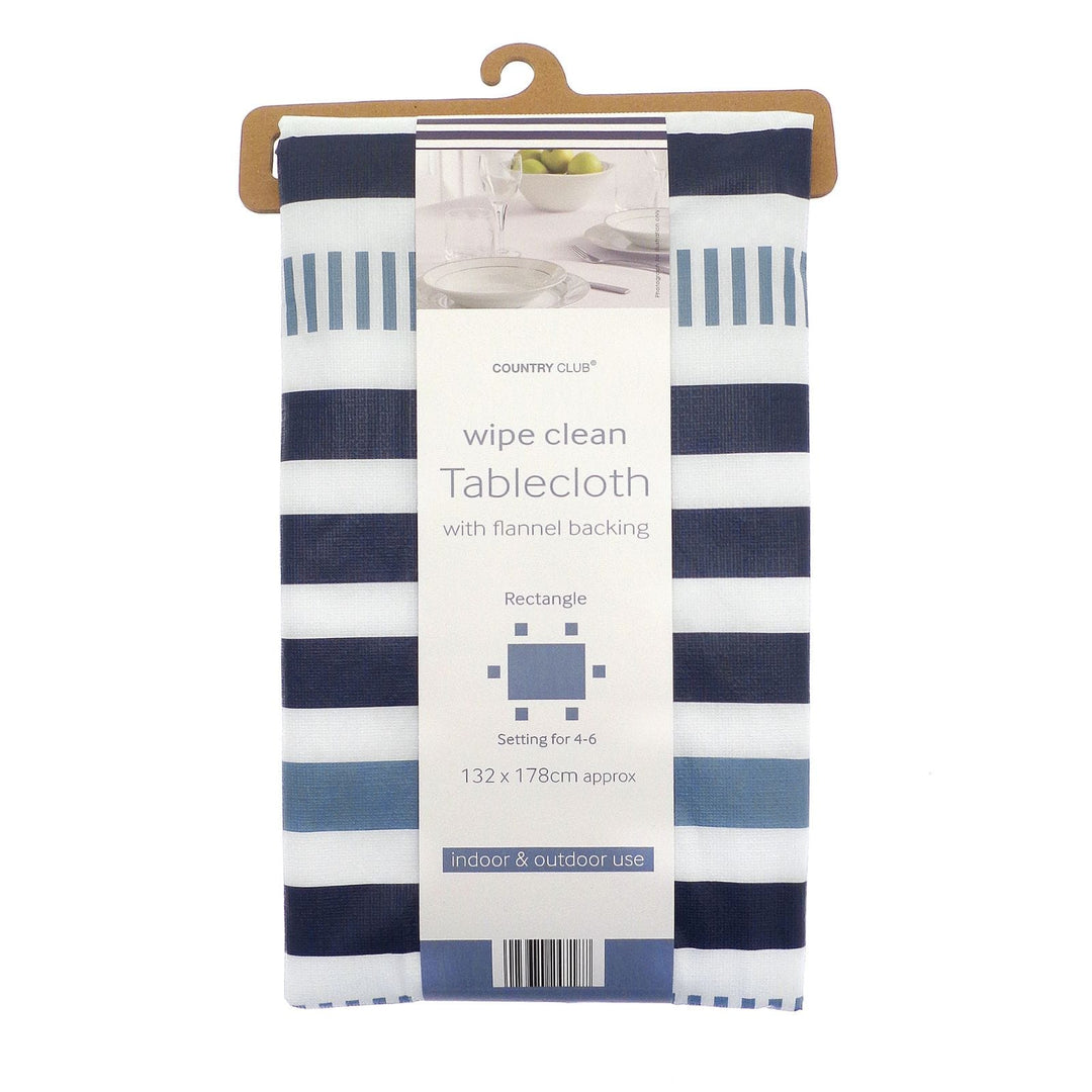 Packaged blue and white striped tablecloth with a hanger on a white background