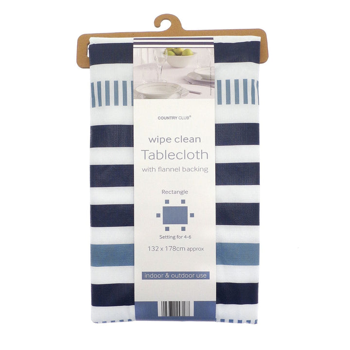 Packaged blue and white striped tablecloth with a hanger on a white background