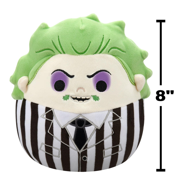 A plush character pillow shaped like a stylized person with bright green hair, a cream face, purple eyes, and a black-and-white striped suit. An 8-inch height marker is shown on the right side against a plain white background.