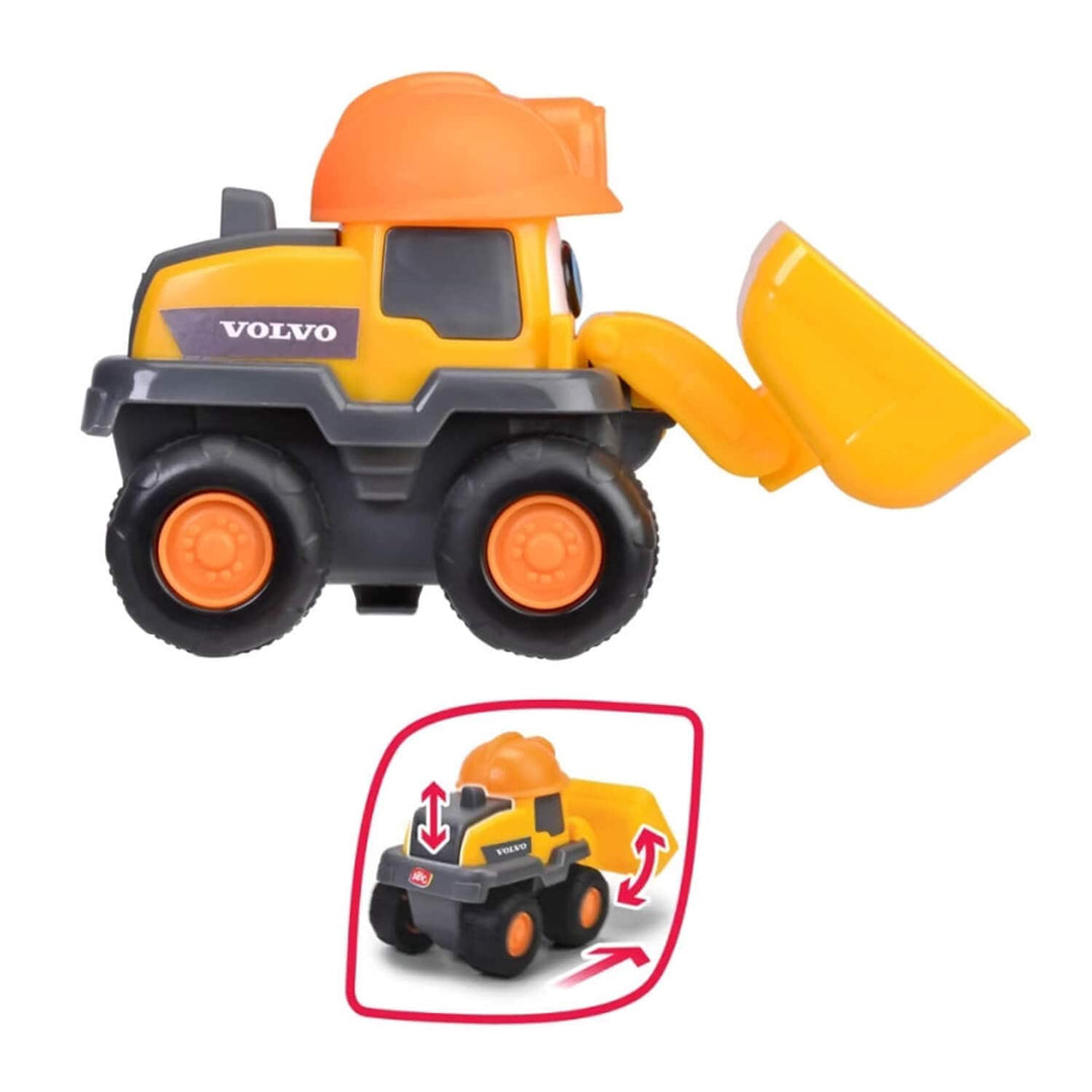 A yellow and orange toy construction vehicle with a front loader attachment, shown on a white background. 