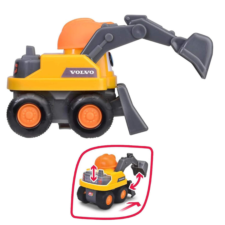 A yellow and gray toy excavator with orange wheels, shown on a white background with a small inset diagram illustrating its front loader