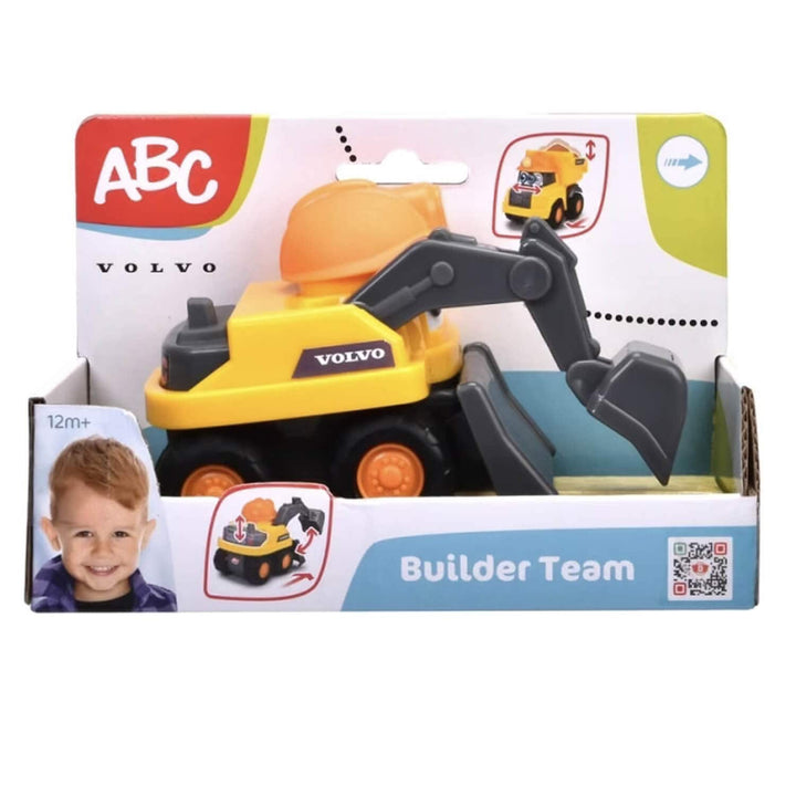 A boxed children's toy excavator set by Volvo, shown in its retail packaging with a printed child photo and 'Builder Team' text on the front.