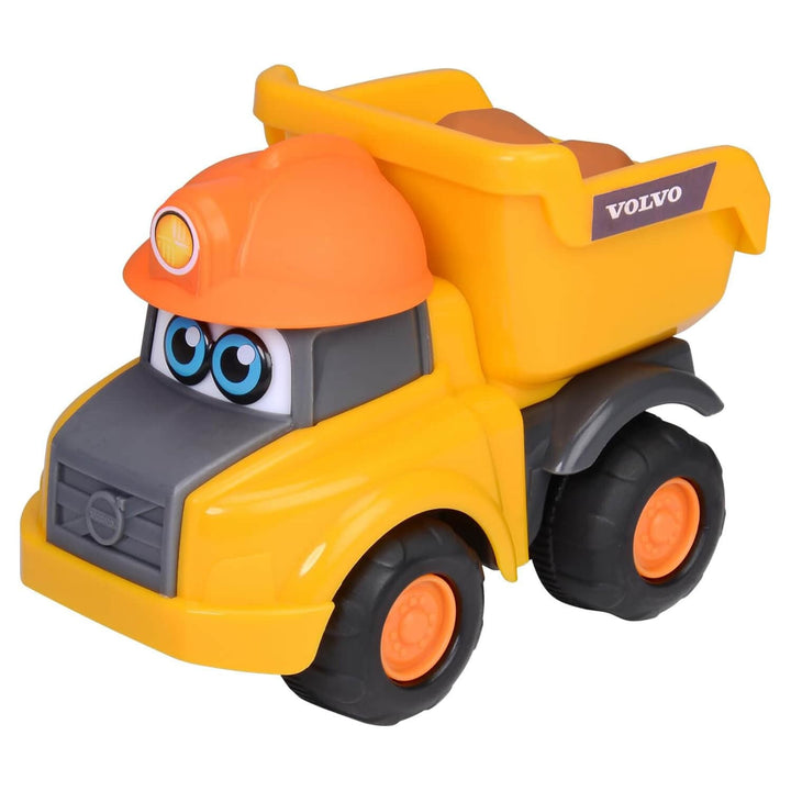 A yellow and orange toy dump truck with cartoon eyes on the front, a small headlight, and a Volvo logo on the side bed, shown on a plain white background.