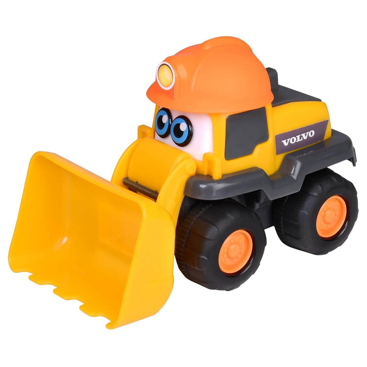A toy construction vehicle shaped like a Volvo loader, featuring a bright yellow body, orange hard hat, black wheels