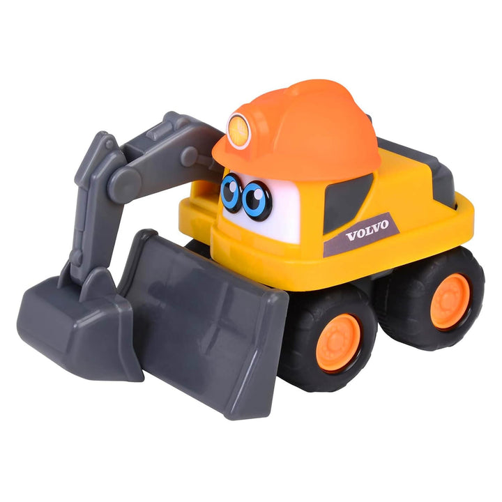 A yellow and orange toy excavator with a gray front bucket and black wheels, on a white background.