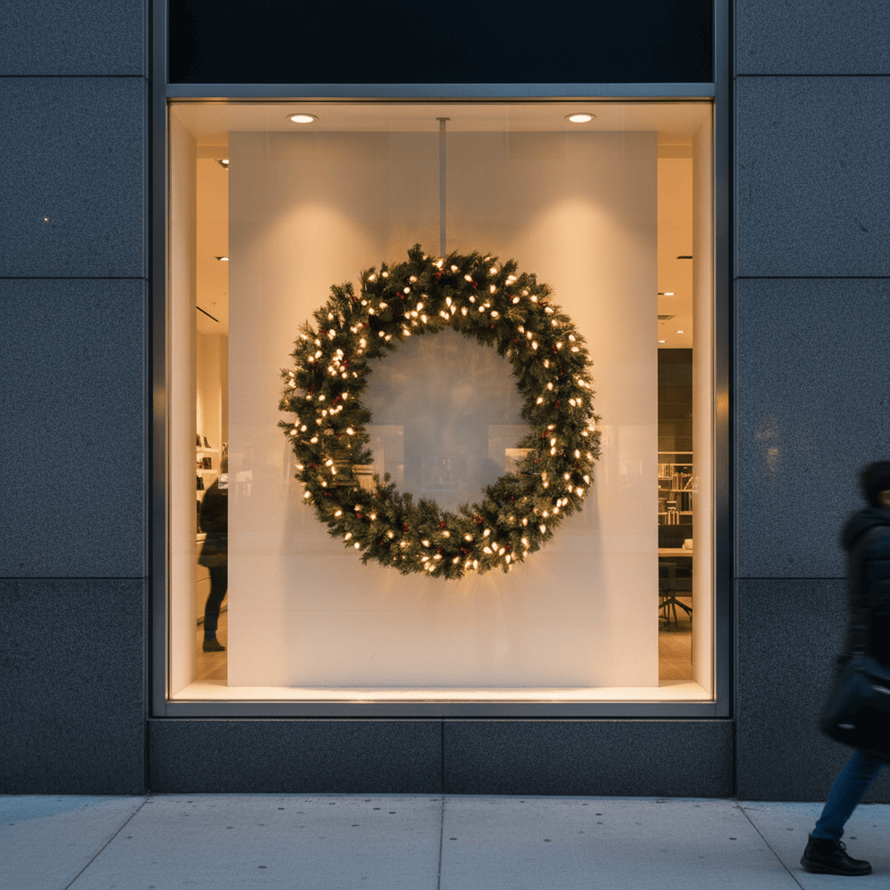Decorative wreath with lights in a store window, people walking by.
