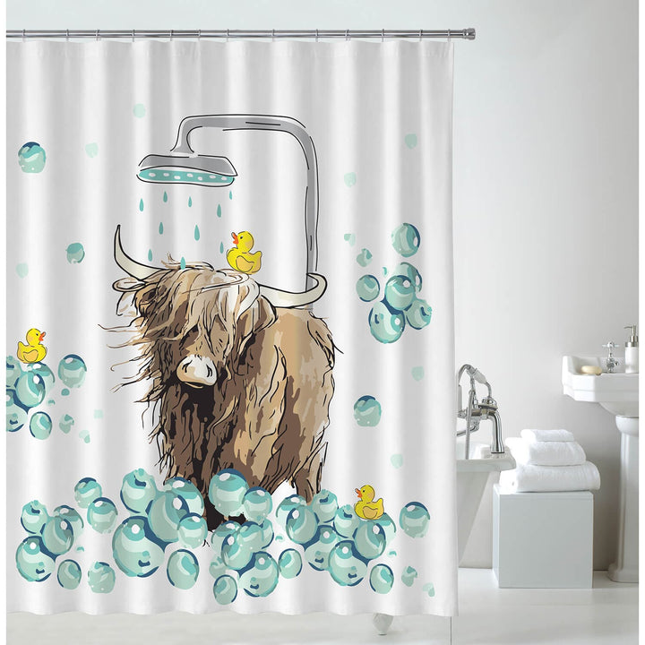 Highland cow and yellow ducks design shower curtain in a white bathroom