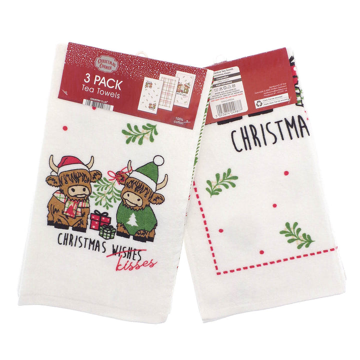 Pack of 3 Christmas Tea Towels Cotton Festive Dish Drying Cloths