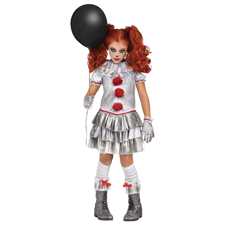 Girls Carnevil Clown Costume Pom Pom Ruffle Dress Gloves Halloween