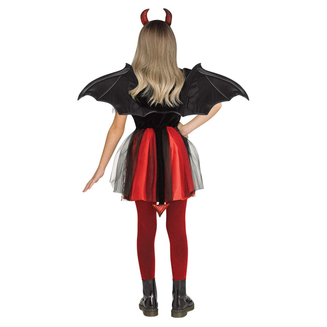 A child model shown from the back wearing a devil costume, featuring black horns, a black top, red and black skirt, red tights, and black boots, against a plain white background.