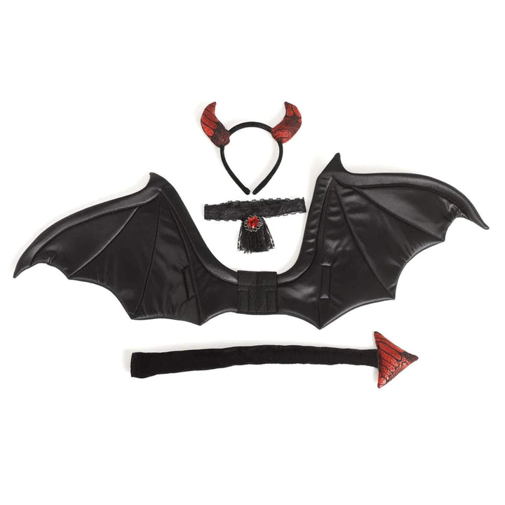 A black devil costume accessory set on a plain white background, including bat wings, a horned headband, a black collar with a red gem and tassel, and a black tail with a red tip.
