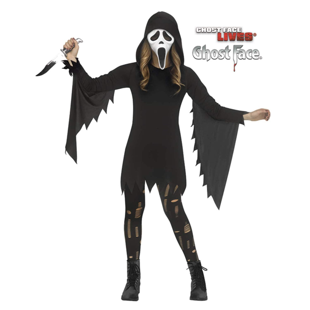 A person modeling a Ghostface Halloween costume against a plain white background, holding a knife prop. The costume includes a black hooded dress with jagged sleeves and hem, a white-and-black Ghost Face mask, and distressed black tights.