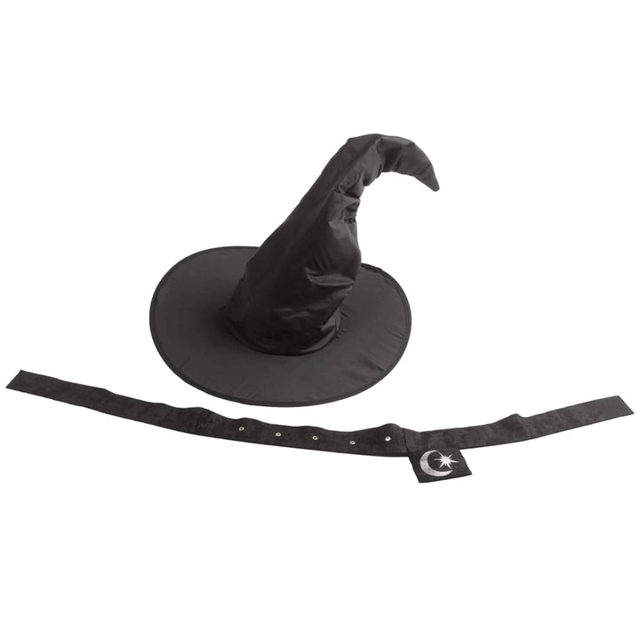 A black witch hat with a wide brim and a matching black strap featuring a small white crescent moon and star patch, shown on a plain white background.