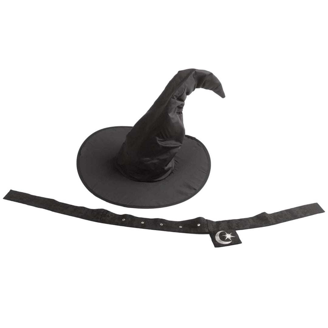 A black witch hat with a wide brim and a matching black strap featuring a small white crescent moon and star patch, shown on a plain white background.