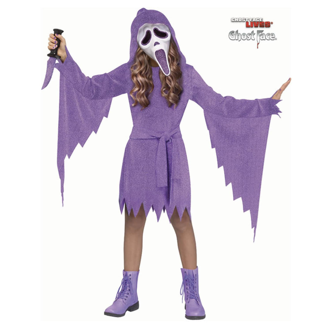 A child modelling a purple Ghost Face costume with white mask from the Scream movie franchise