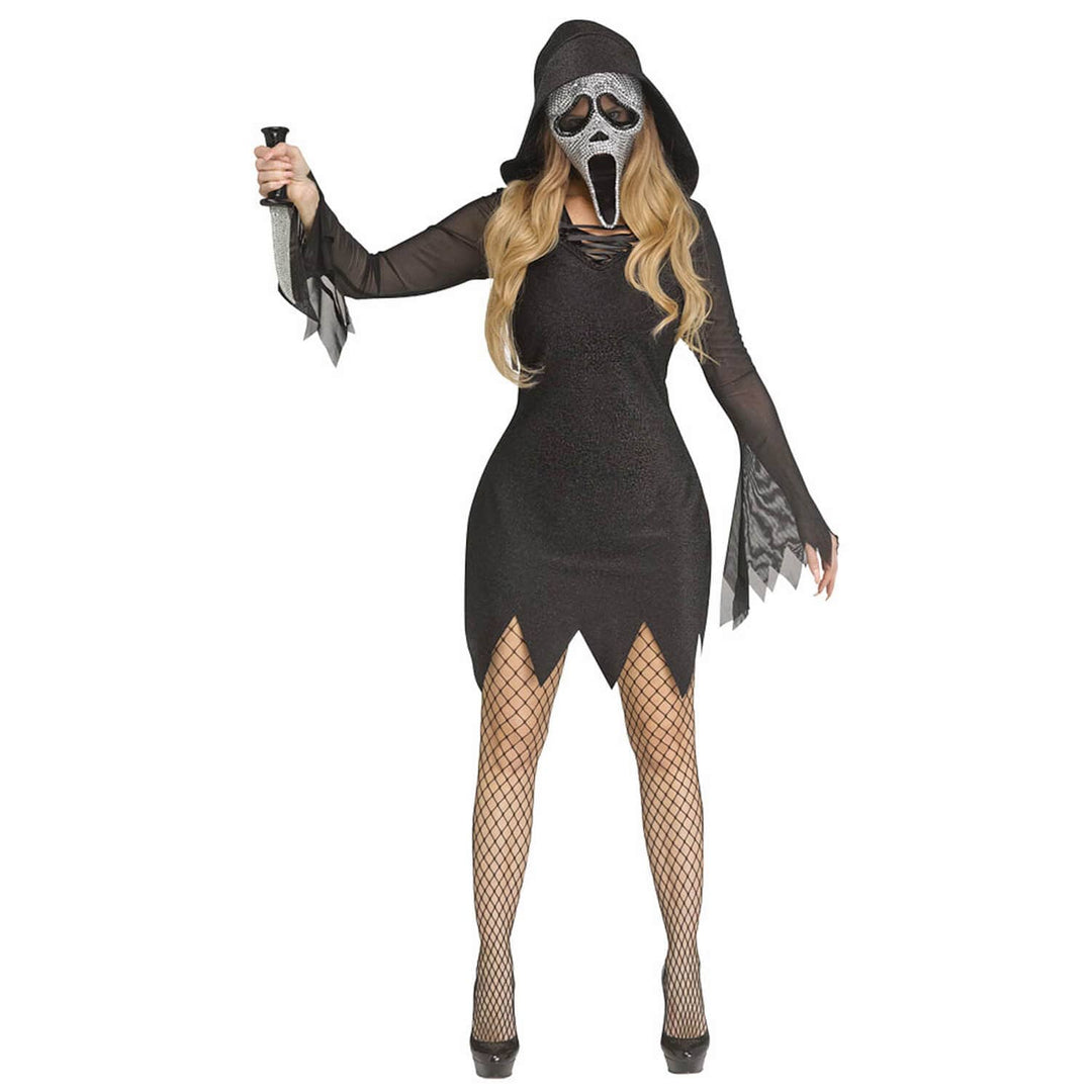 Woman wearing a black Halloween costume with a Ghost Face mask and knife on a white background