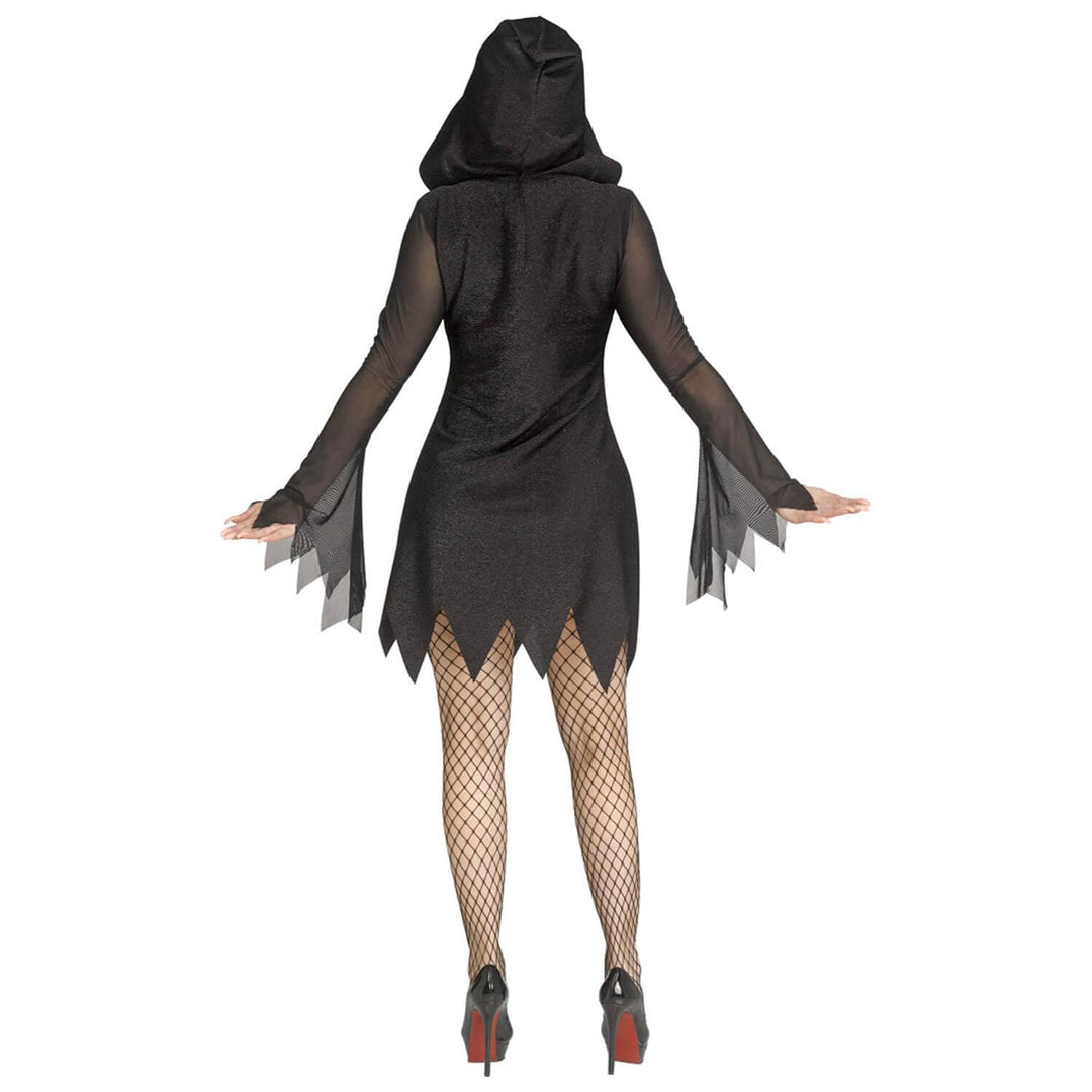 A woman shown from the back wearing a black hooded costume dress with sheer bell sleeves, fishnet stockings, and black heels with red soles, against a plain white background.