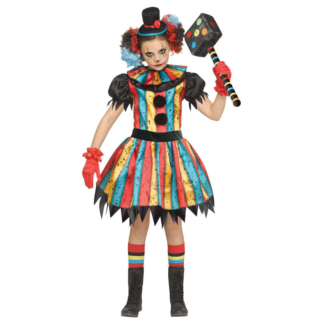 Girls Carny Clown Costume Striped Dress Collar Gloves Hat Halloween
