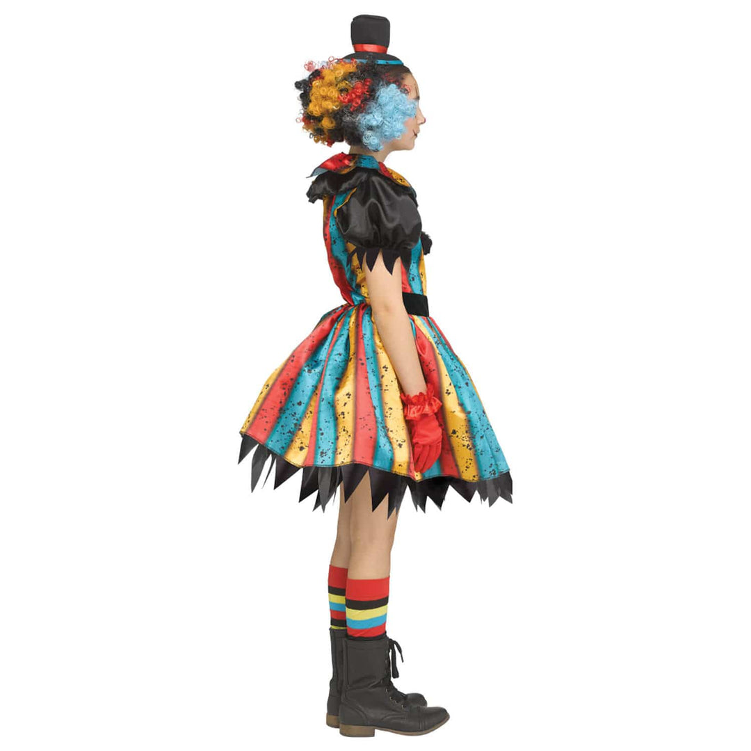 Girls Carny Clown Costume Striped Dress Collar Gloves Hat Halloween