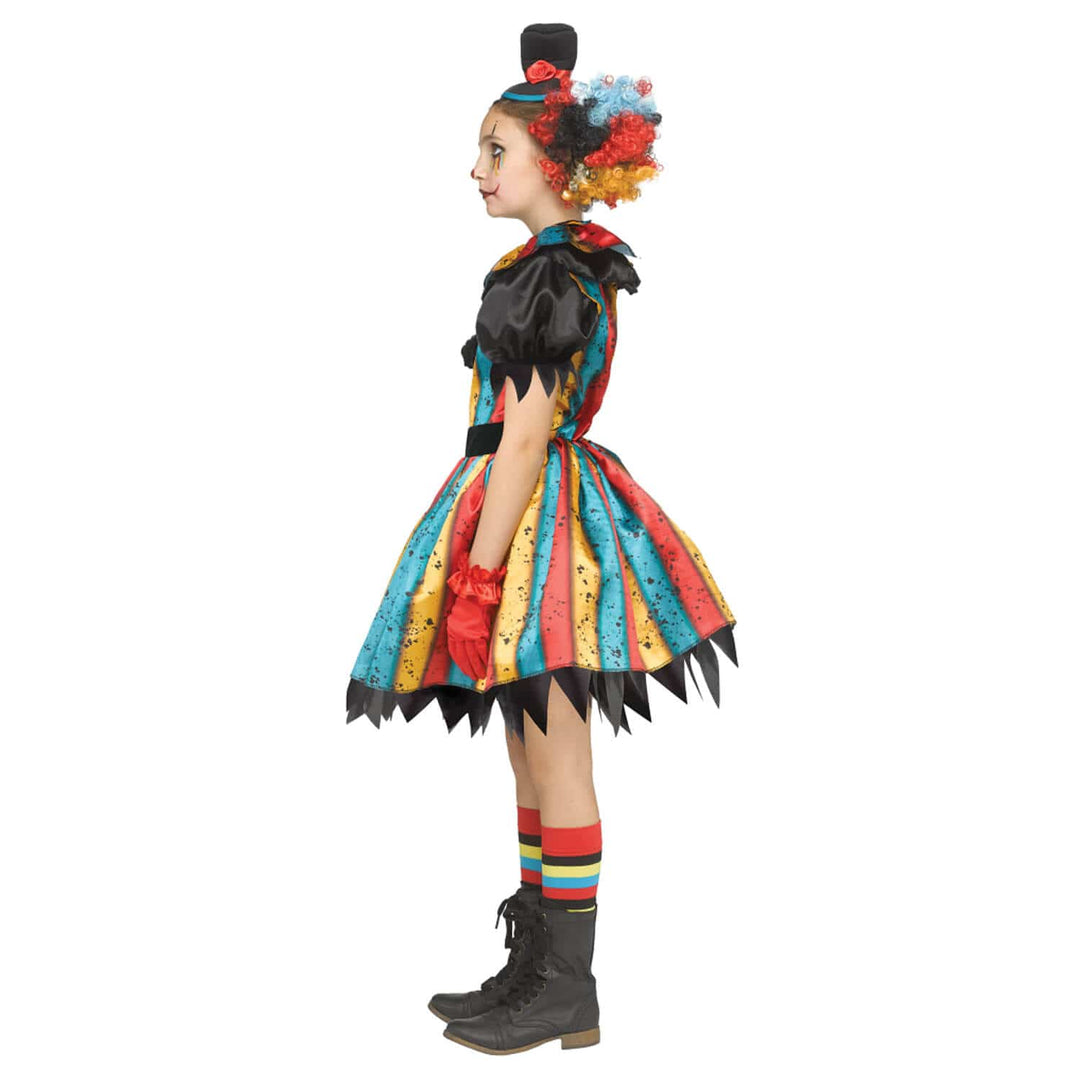 Girls Carny Clown Costume Striped Dress Collar Gloves Hat Halloween