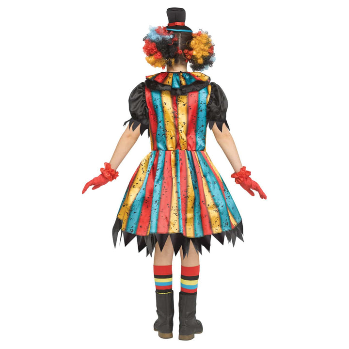 Girls Carny Clown Costume Striped Dress Collar Gloves Hat Halloween