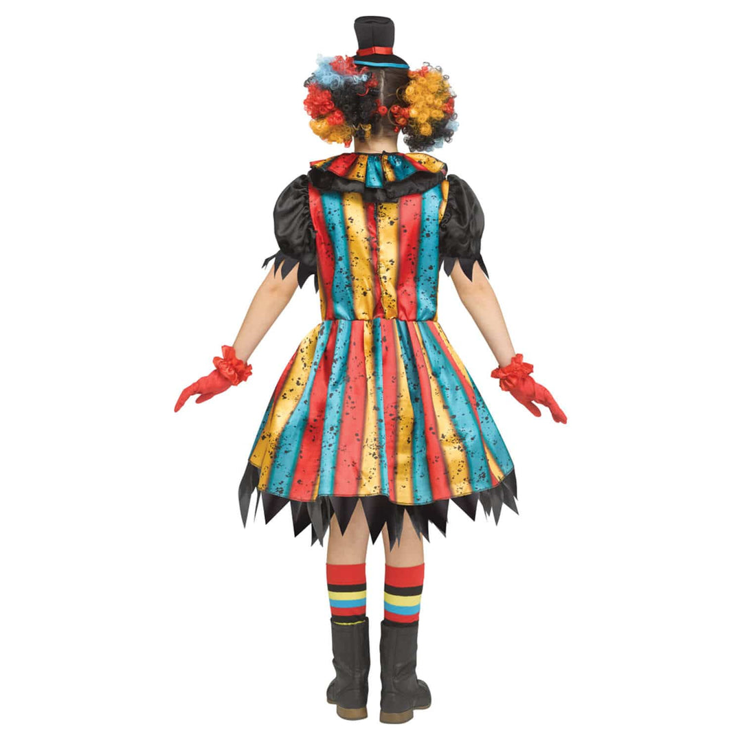 Girls Carny Clown Costume Striped Dress Collar Gloves Hat Halloween