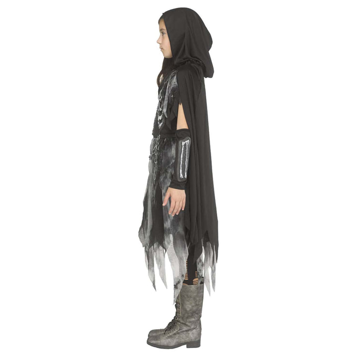 A child model shown in profile wearing a black hooded cape costume with distressed grey and white tattered hem, matching arm bands, and grey lace-up boots, against a plain white background.