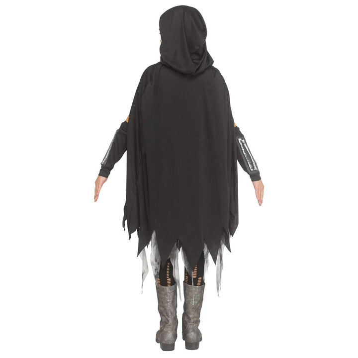 Girl wearing a long hooded cape with jagged hem against a plain white background.