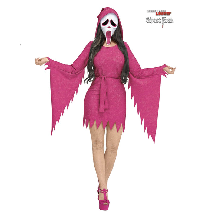 Woman wearing a hot pink glitter Ghost Face costume with belt and jagged edges on a white background