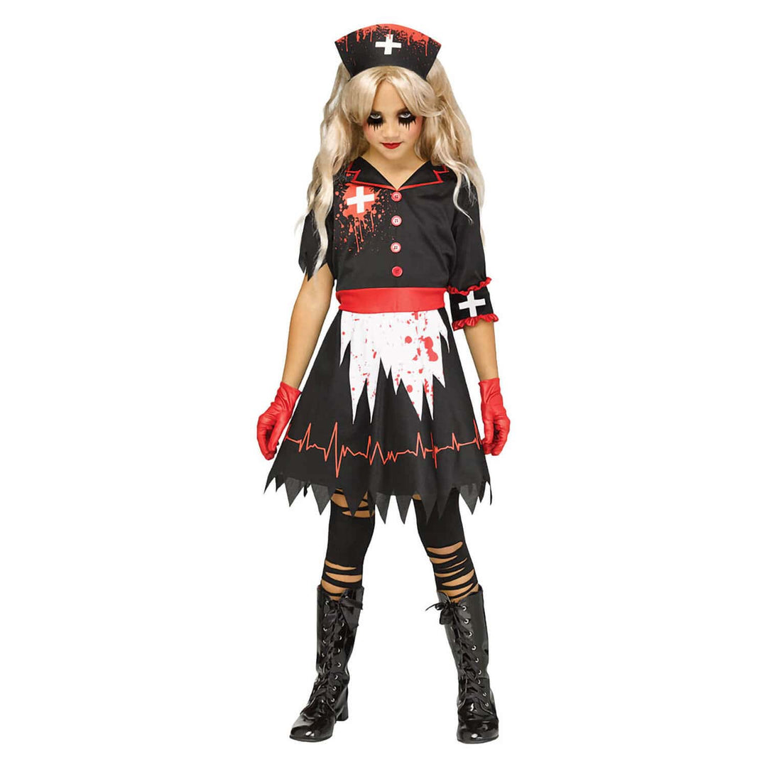 Girl wearing a blood spattered dark nurse costume with red gloves and belt on a white background