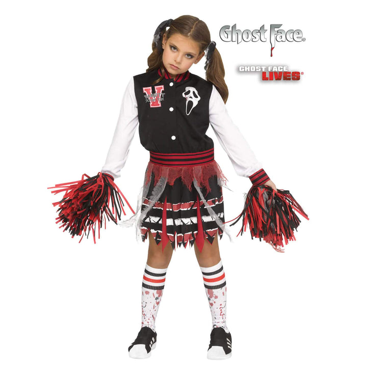 Girl wearing a varsity style cheerleader costume with tattered skirt, blood spattered socks and red and black pom poms
