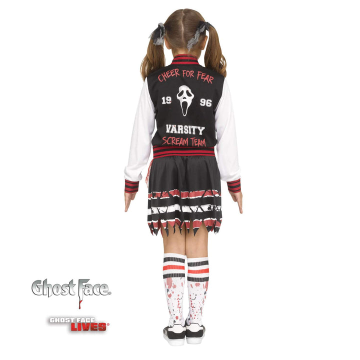 View from the back of a girl wearing a Varsity Scream Team cheerleader Halloween costume with blood spattered socks