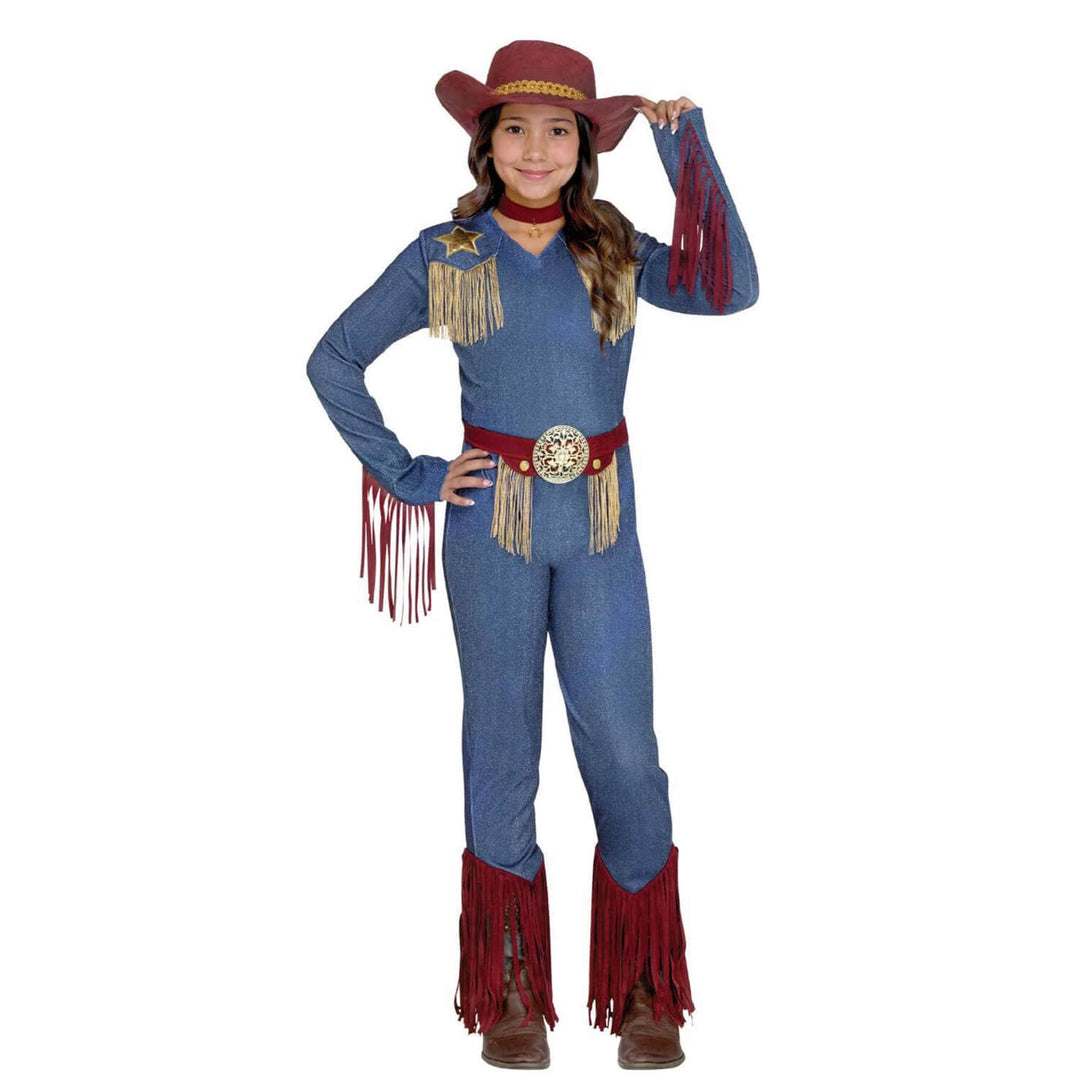 Girls Rodeo Star Costume Cowgirl Fringed Jumpsuit Hat Belt Choker
