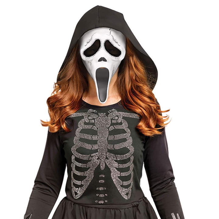 Close up of a White Ghost Face mask and skeleton bodice on a black hooded dress