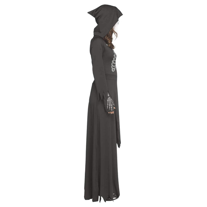 A side-profile view of a person wearing a long black hooded robe costume with white skeleton-print details on the chest and one hand, photographed against a plain white background.