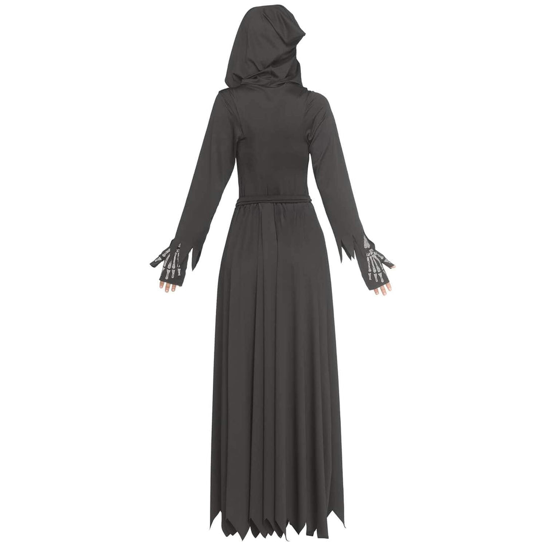 A black hooded long-sleeve maxi dress with a pleated skirt and skeletal finger gloves, shown from the back on a white background.