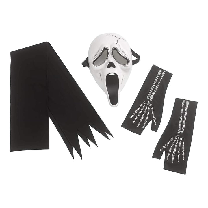A Halloween costume accessory set featuring a white Ghostface-style mask with black details, a long black cape, and two black fingerless gloves printed with white skeleton hands, displayed on a plain white background.