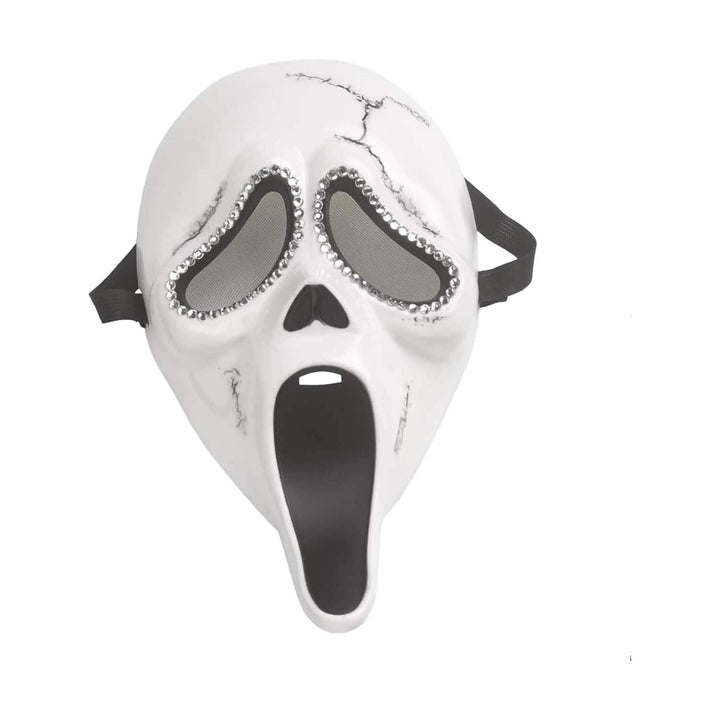 White Ghostface-style mask with black eye openings, black nose opening, black mouth opening, black ear straps, and silver rhinestone trim around the eyes.