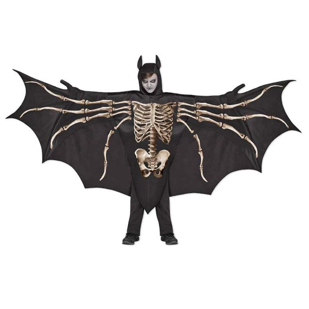A child wearing a black bat costume with large bat wings, a skeleton print across the chest and torso, and a hood with bat ears, standing against a plain white background.